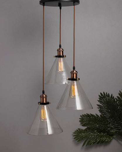 3-Lights Round Cluster Chandelier Modern Glass Cone Shaped Hanging Light, Antique Socket, E27 Holder, Decorative, Copper, URBAN Retro, Nordic Style