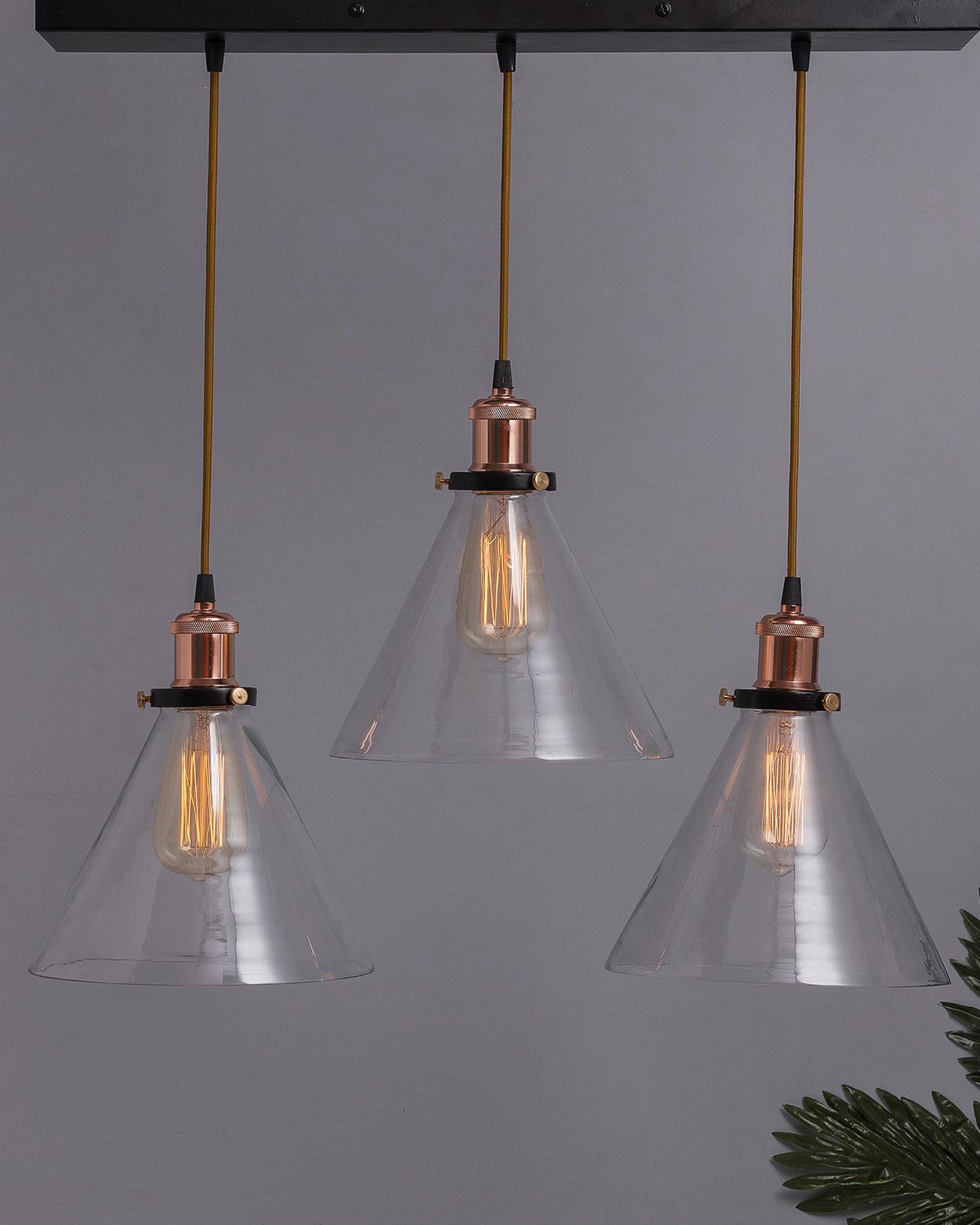 3-Lights Linear Cluster Chandelier Modern Glass Cone Shaped Hanging Light, Antique Socket, E27 Holder, Decorative, Black, URBAN Retro, Nordic Style