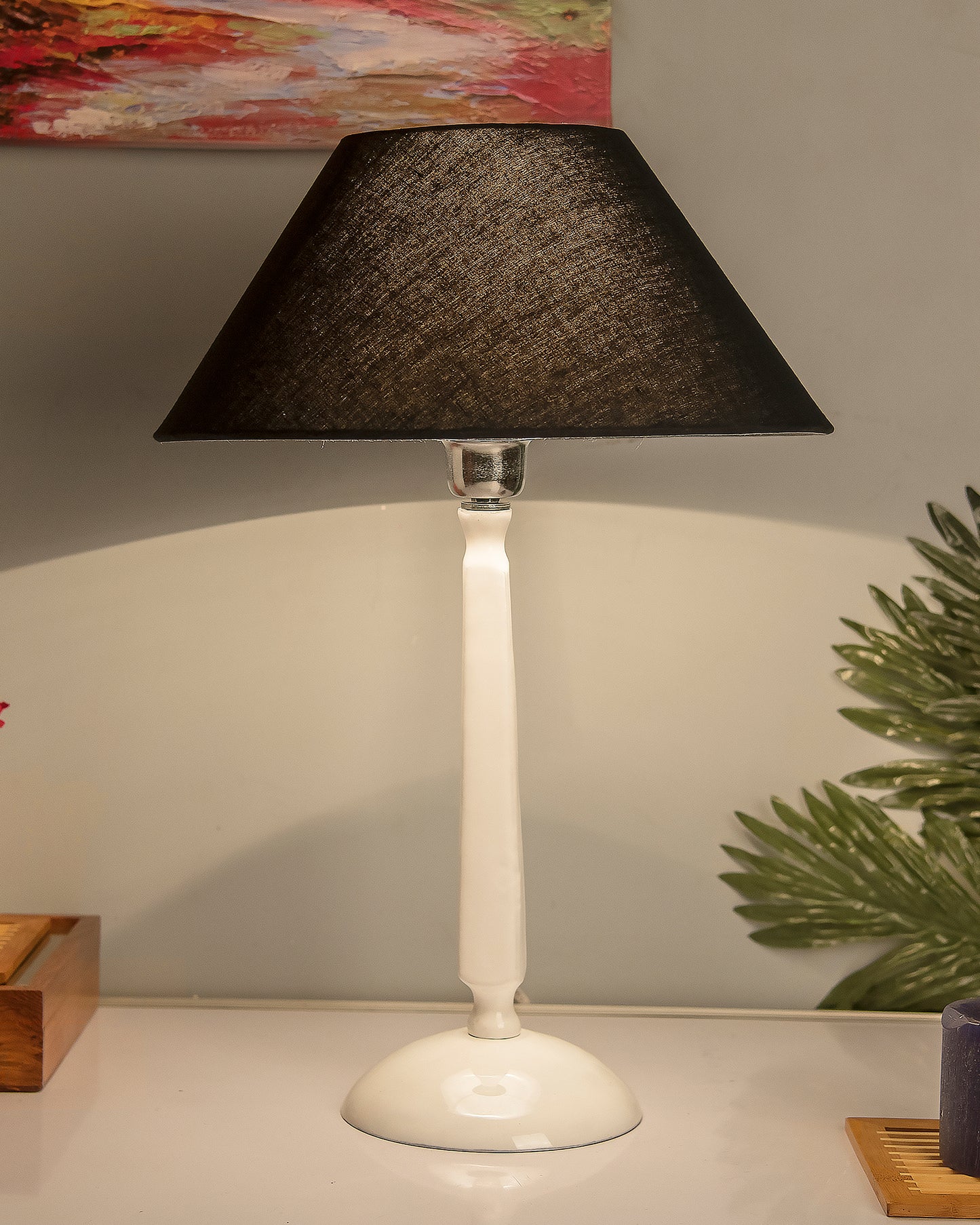 Glossy White Cubist Aluminium Table Lamp WithCone Shade, Bedside, Living Room Study Lamp, Bulb Included