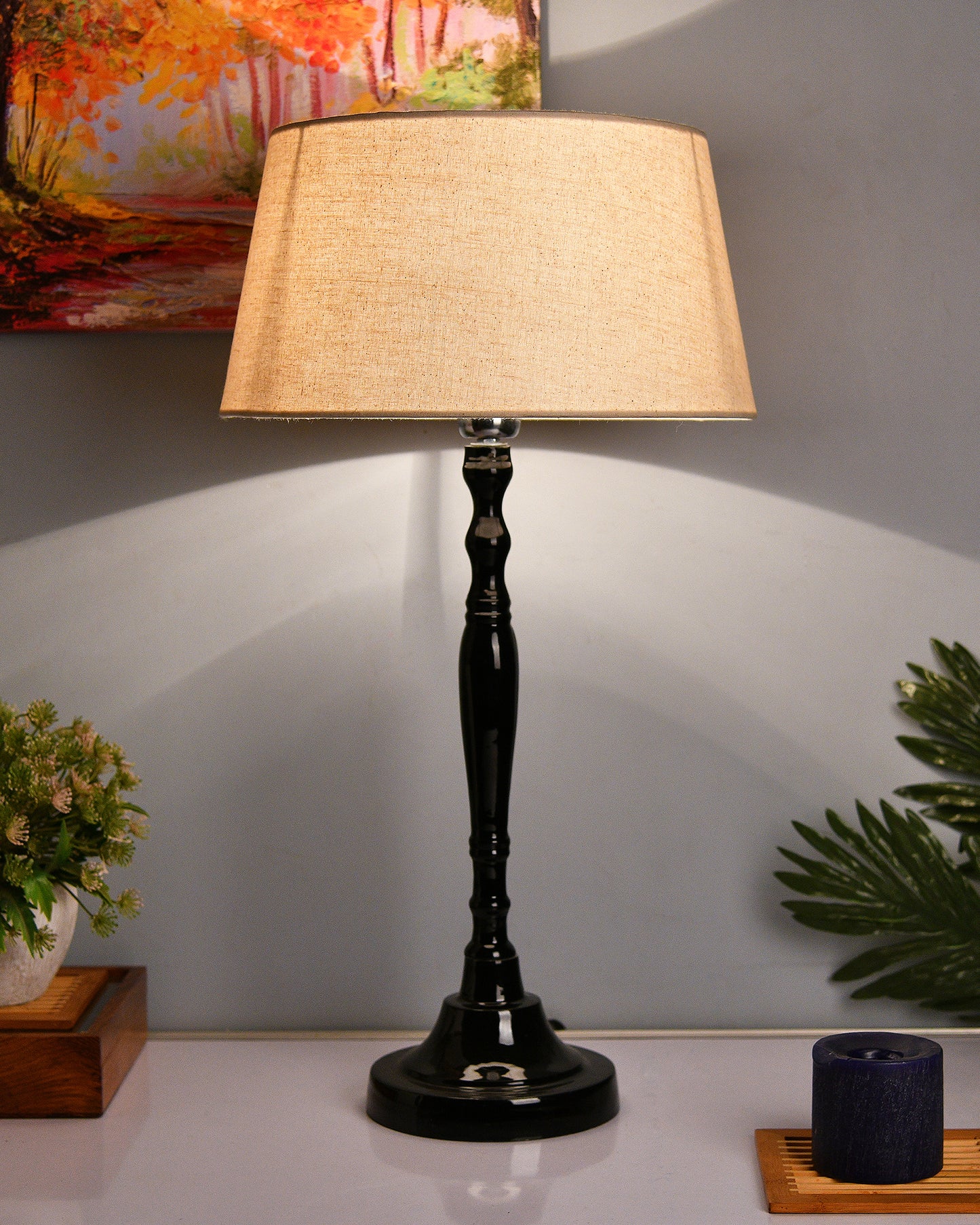 Glossy Black Imperial Aluminium Table Lamp With Cone Shade, Bedside, Living Room Study Lamp, Bulb Included
