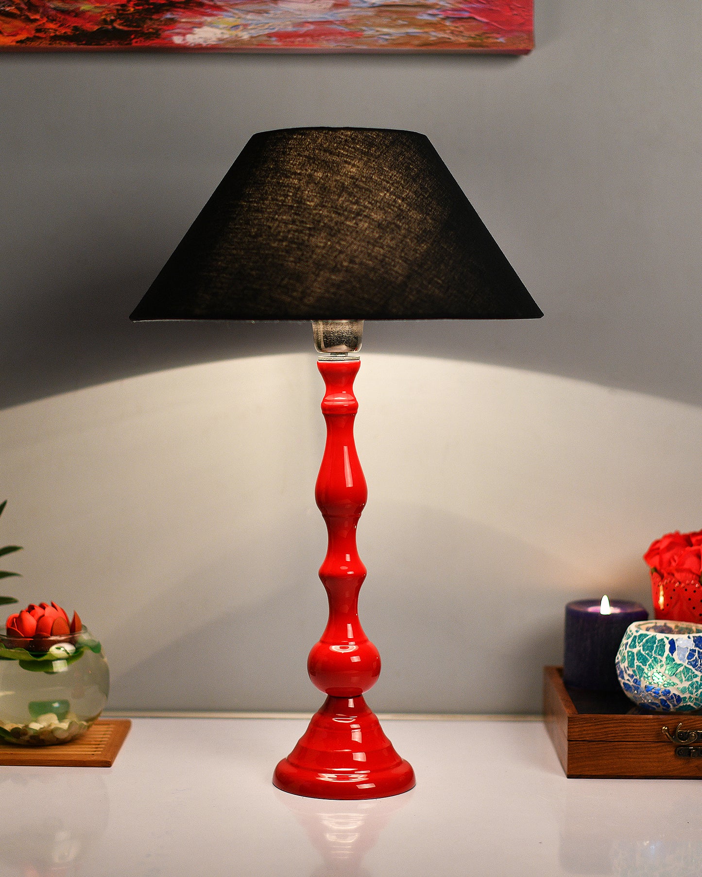 Glossy Red Teardrop Aluminium Table Lamp With Cone Shade, Bedside, Living Room Study Lamp, Bulb Included