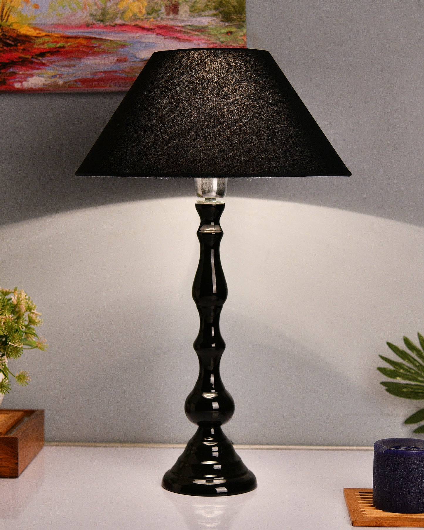 Glossy Black Teardrop Aluminium Table Lamp With Cone Shade, Bedside, Living Room Study Lamp, Bulb Included