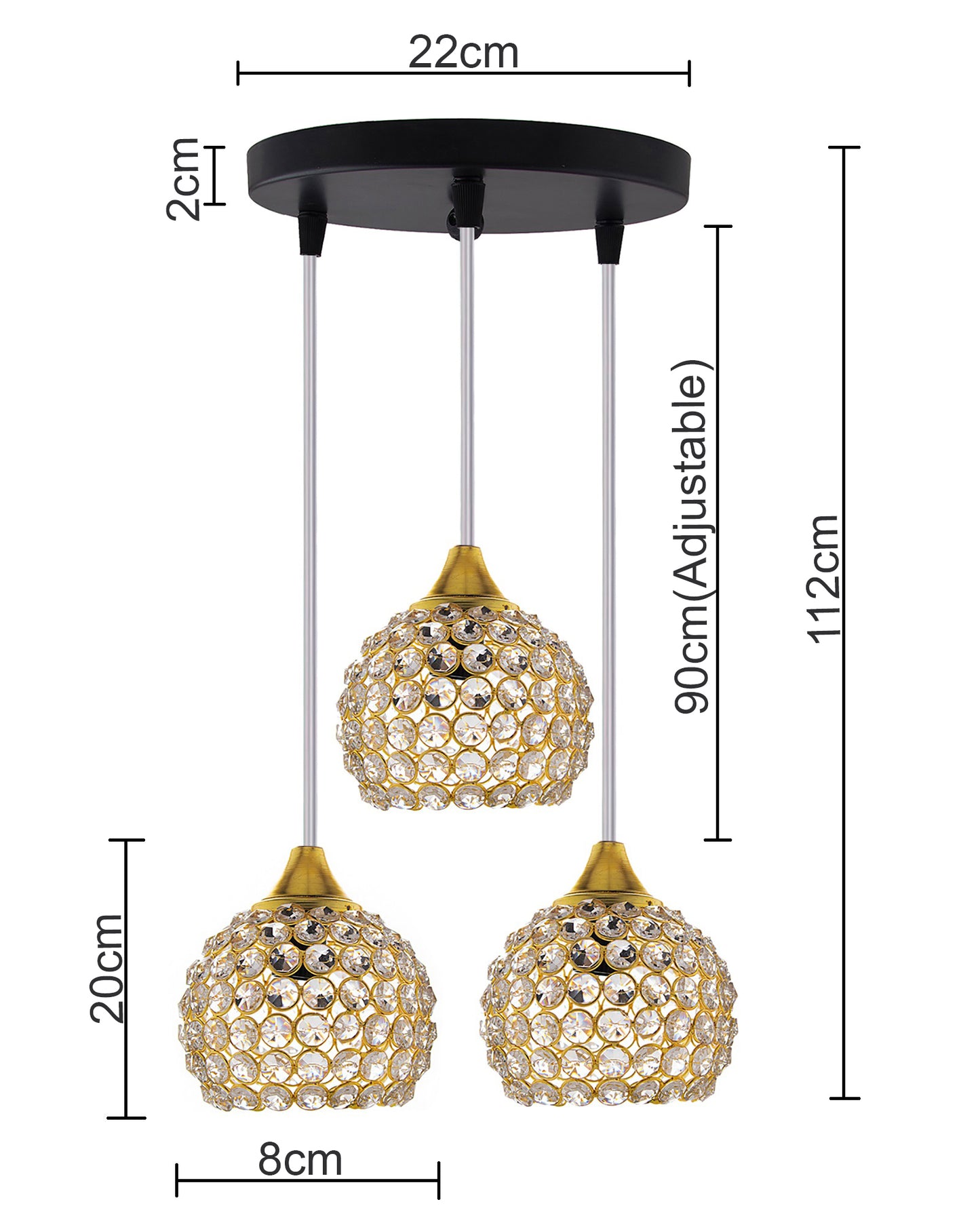 3-Lights Round Golden Cluster Chandelier Crystal Half Globe Hanging Light, E27 Holder, Decorative, URBAN Retro, Nordic Style, LED/Filament Bulb