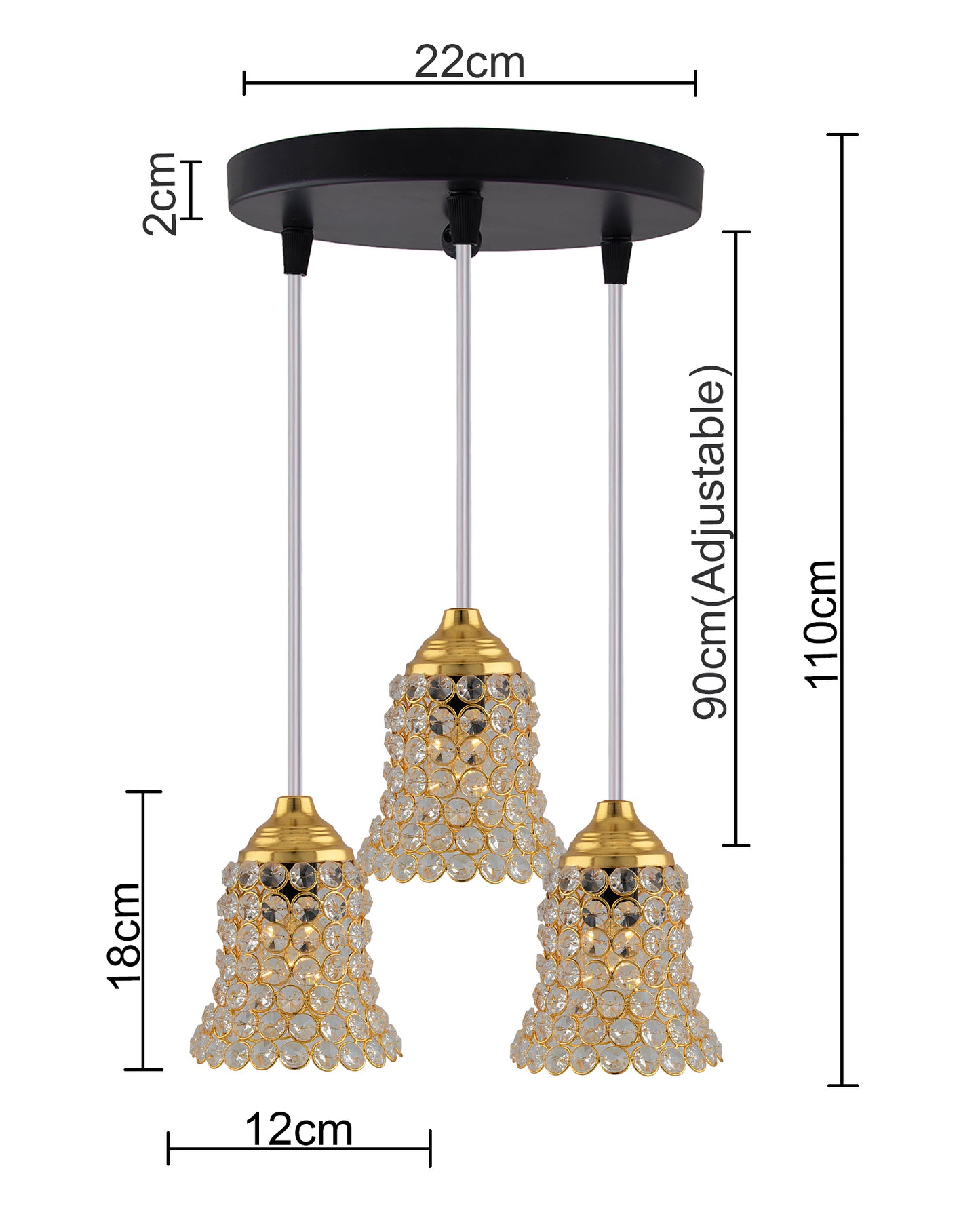 3-Lights Round Golden Cluster Chandelier Crystal Bell Hanging Light, E27 Holder, Decorative, URBAN Retro, Nordic Style, LED/Filament Bulb