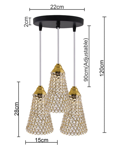 3-Lights Round Golden Cluster Chandelier Crystal Cone Hanging Light, E27 Holder, Decorative, URBAN Retro, Nordic Style, LED/Filament Bulb
