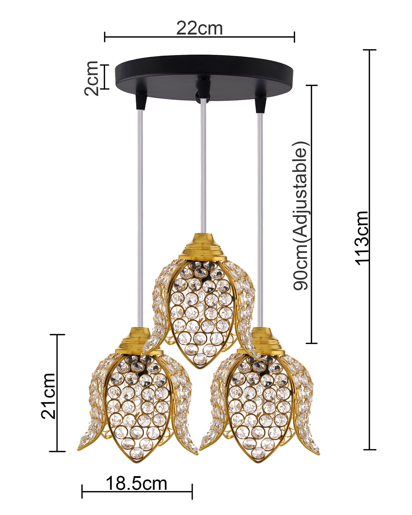 3-Lights Round Golden Cluster Chandelier Crystal Lotus Hanging Light, E27 Holder, Decorative, URBAN Retro, Nordic Style, LED/Filament Bulb