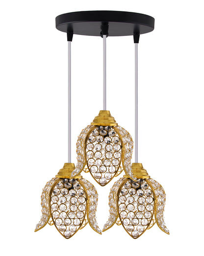 3-Lights Round Golden Cluster Chandelier Crystal Lotus Hanging Light, E27 Holder, Decorative, URBAN Retro, Nordic Style, LED/Filament Bulb