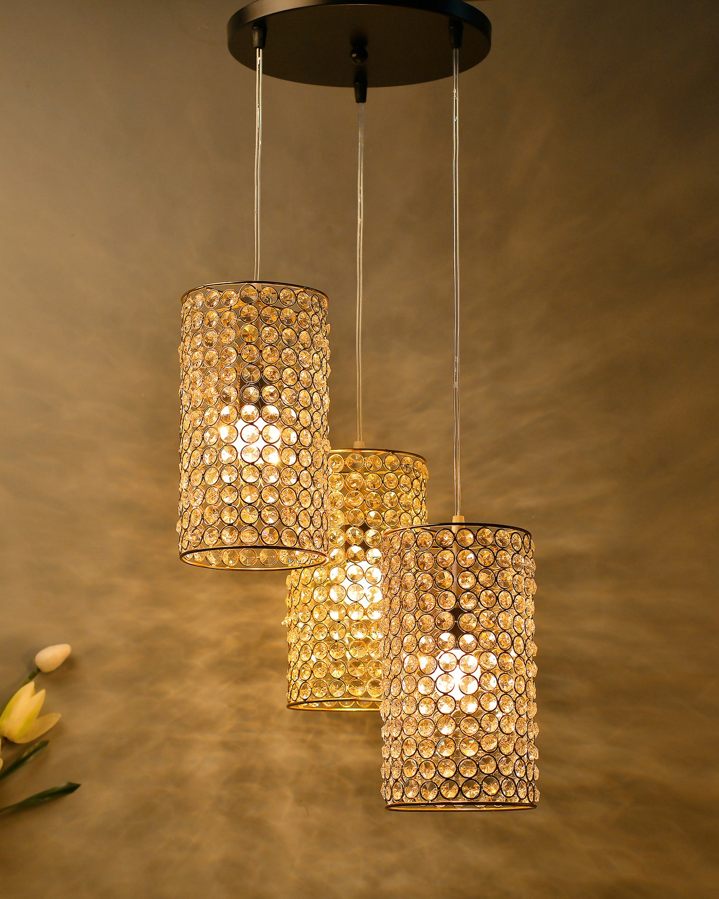 3-Lights Round Golden Cluster Chandelier Crystal Golden Barrel Hanging Light, E27 Holder, Decorative, URBAN Retro, Nordic Style, LED/Filament Bulb
