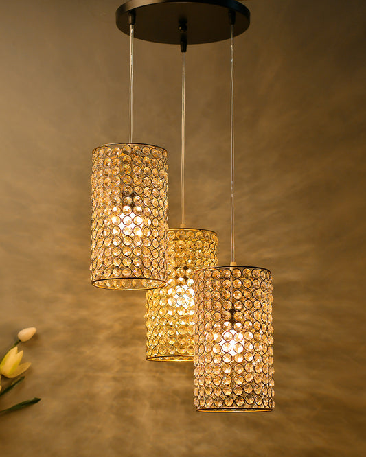 3-Lights Round Golden Cluster Chandelier Crystal Golden Barrel Hanging Light, E27 Holder, Decorative, URBAN Retro, Nordic Style, LED/Filament Bulb