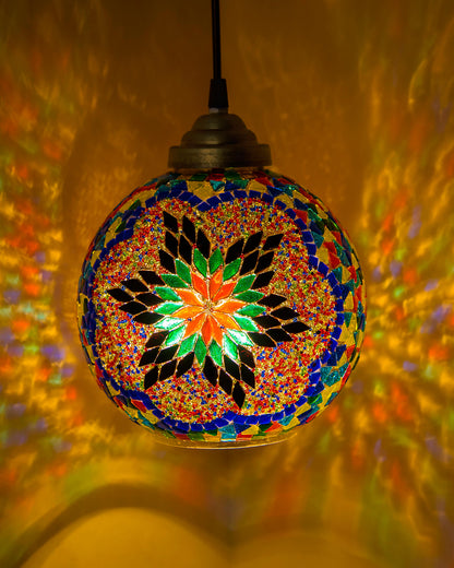 Turkish Moroccan Mosaic Blue Ceiling Hanging Light Chandelier Pendant Fixture Lantern, Handmade Glass Lamp