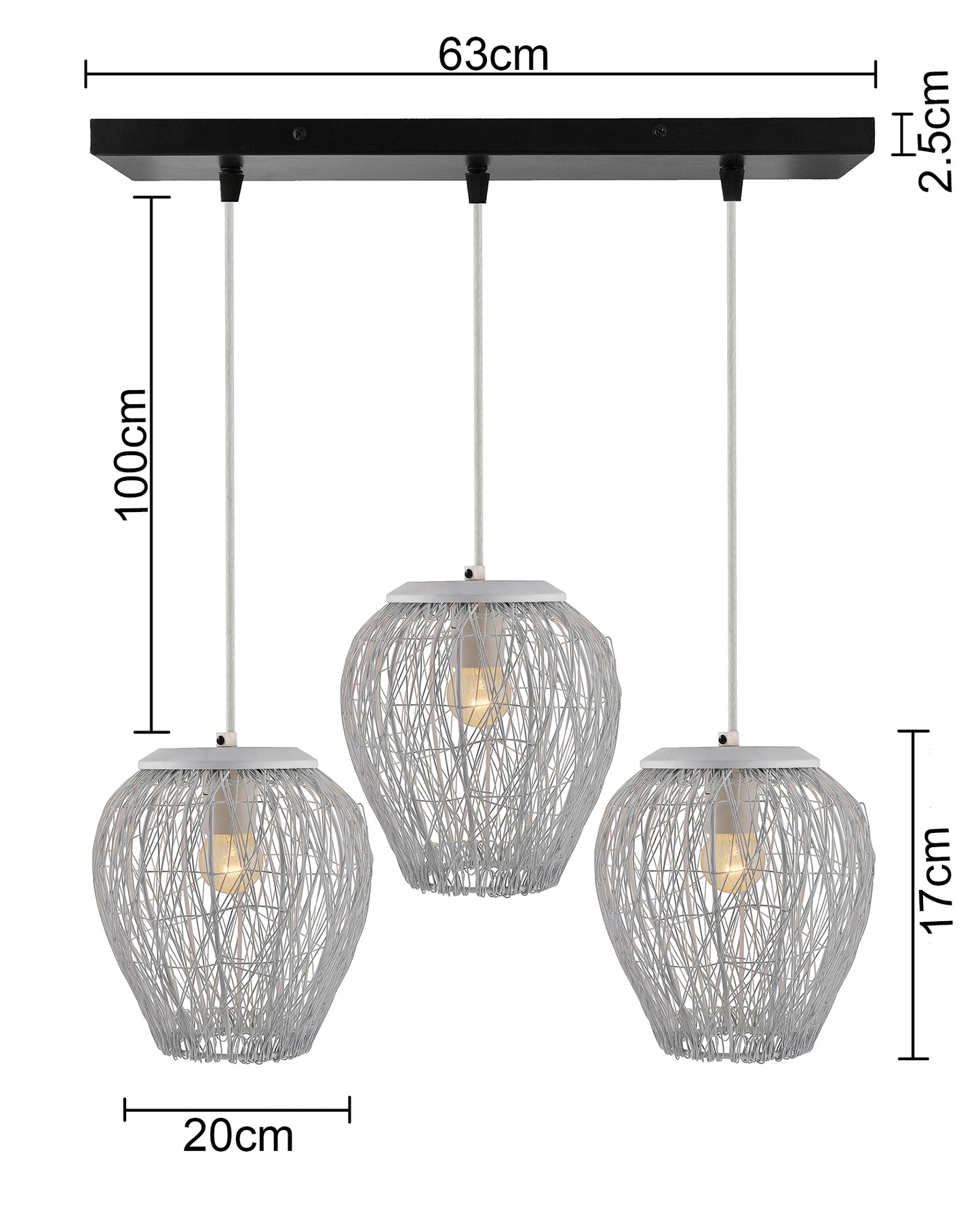 3-Lights Linear Cluster Chandelier White Steel Wire Mesh Pendant, Decorative, Black, Kitchen Area and Dining Room Light, LED/Filament Light