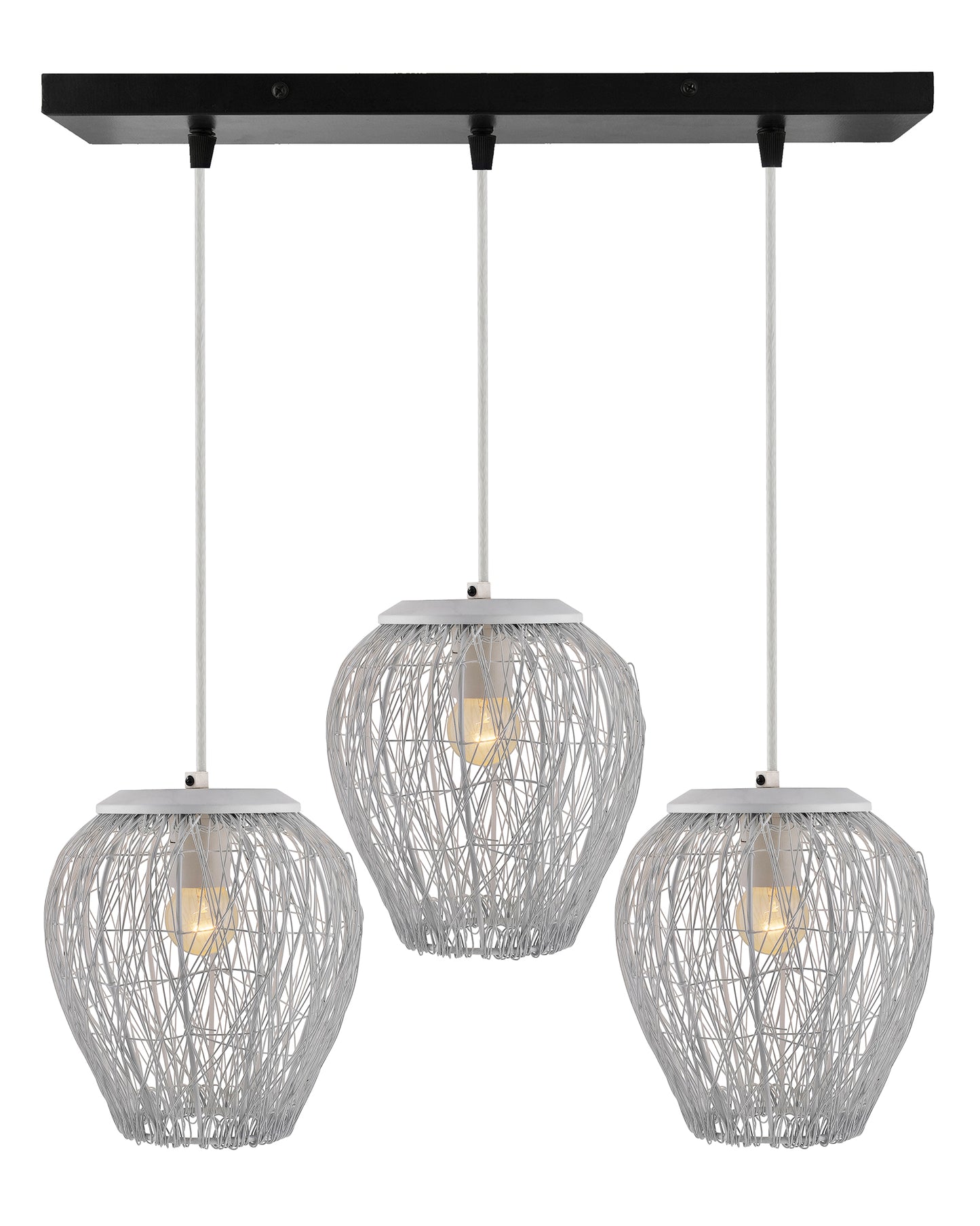 3-Lights Linear Cluster Chandelier White Steel Wire Mesh Pendant, Decorative, Black, Kitchen Area and Dining Room Light, LED/Filament Light