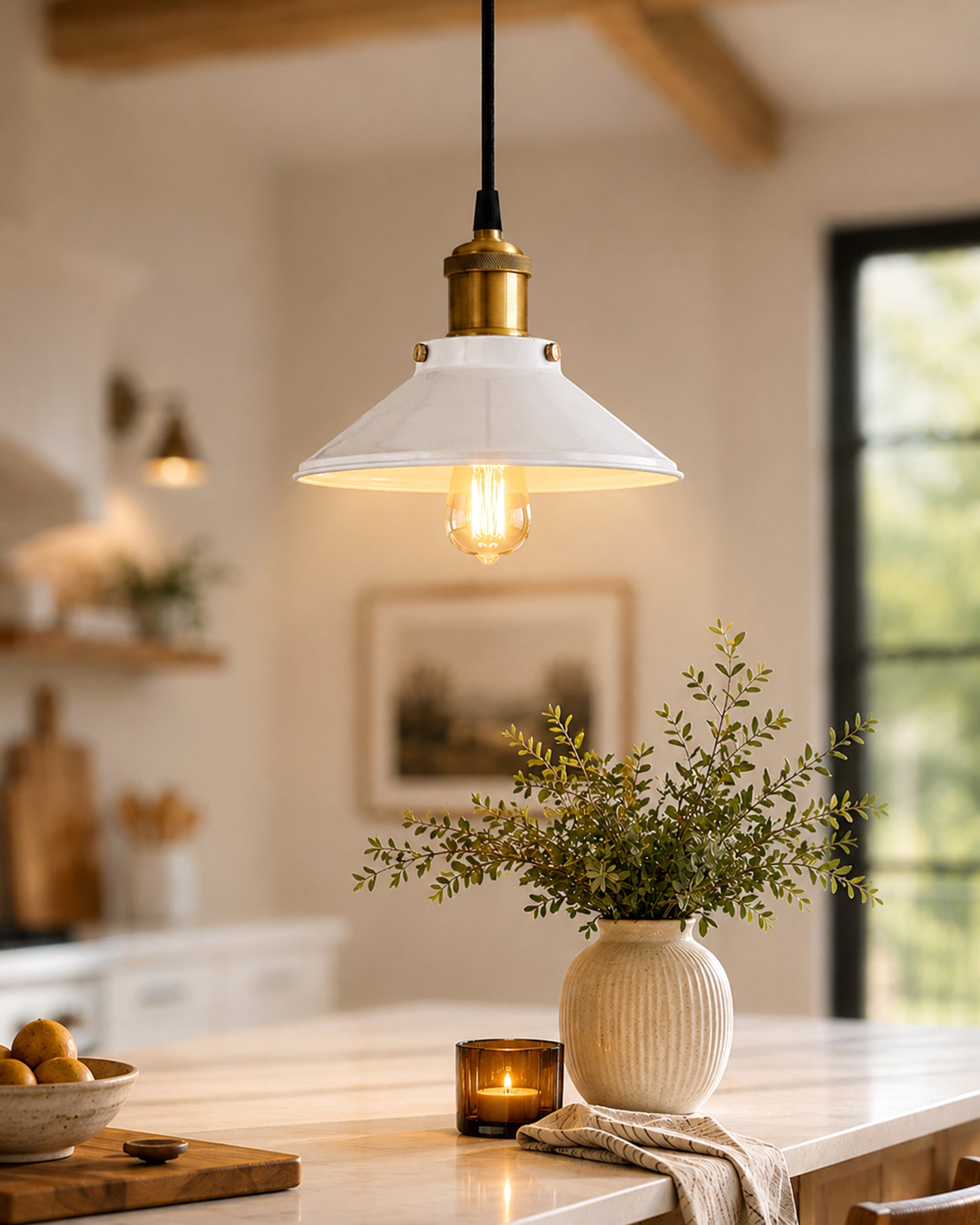 Single White Cone Pendant with Antique Holder, E27, Modern Nordic Hanging Ceiling Light (Bulb Included)