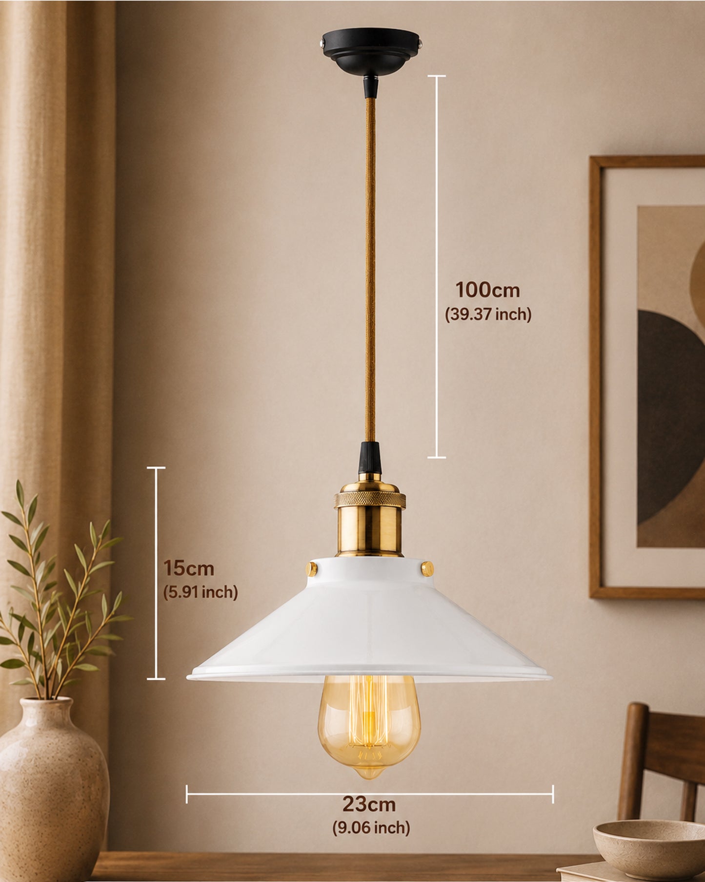 Single White Cone Pendant with Antique Holder, E27, Modern Nordic Hanging Ceiling Light (Bulb Included)