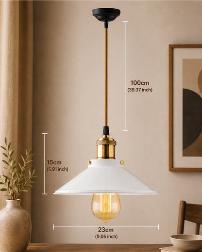 Single White Cone Pendant with Antique Holder, E27, Modern Nordic Hanging Ceiling Light (Bulb Included)