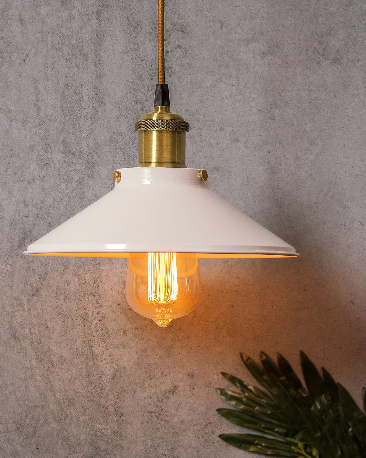 Single White Cone Pendant with Antique Holder, E27, Modern Nordic Hanging Ceiling Light (Bulb Included)