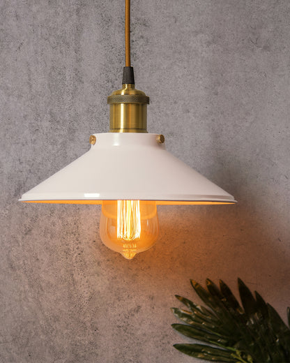 Single White Cone Pendant with Antique Holder, E27, Modern Nordic Hanging Ceiling Light (Bulb Included)