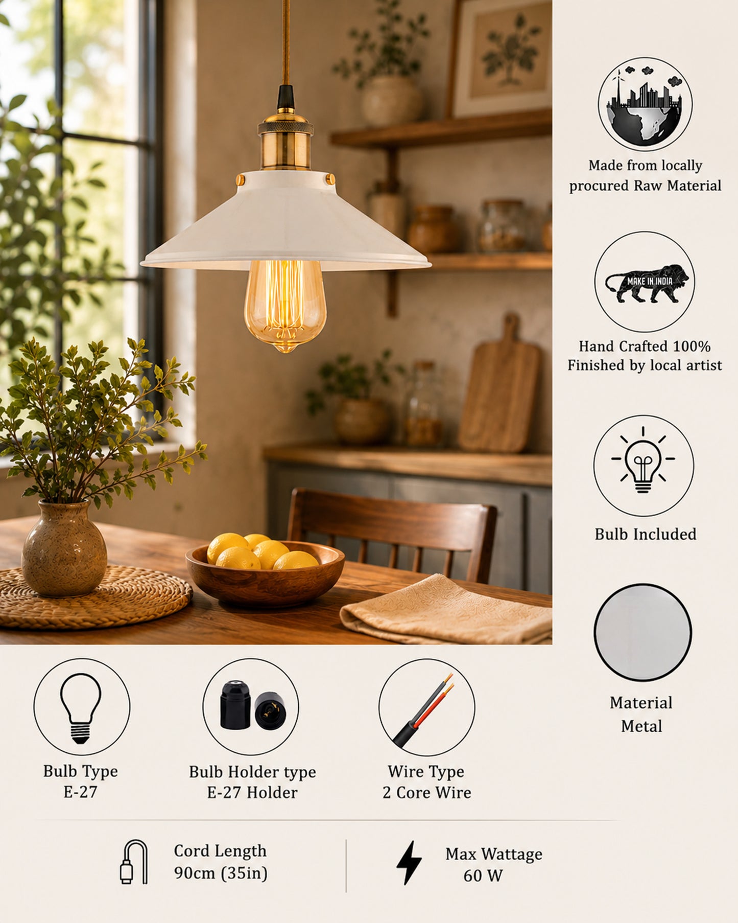 Single White Cone Pendant with Antique Holder, E27, Modern Nordic Hanging Ceiling Light (Bulb Included)
