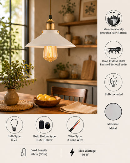 Single White Cone Pendant with Antique Holder, E27, Modern Nordic Hanging Ceiling Light (Bulb Included)