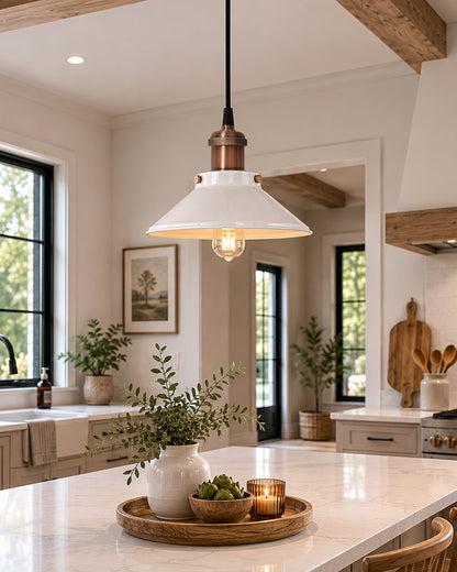 Single White Cone Pendant with Antique Holder, E27, Modern Nordic Hanging Ceiling Light (Bulb Included)
