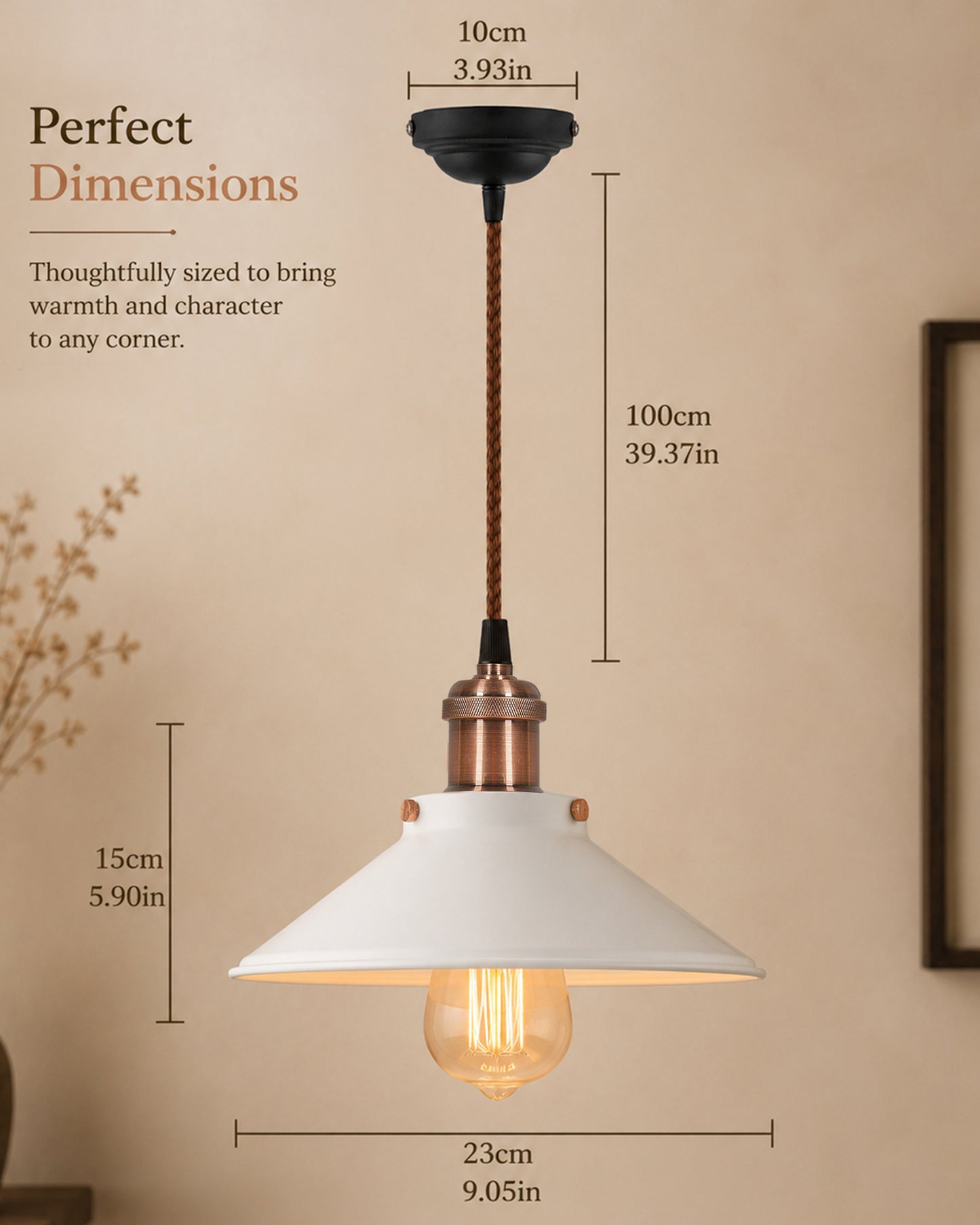 Single White Cone Pendant with Antique Holder, E27, Modern Nordic Hanging Ceiling Light (Bulb Included)