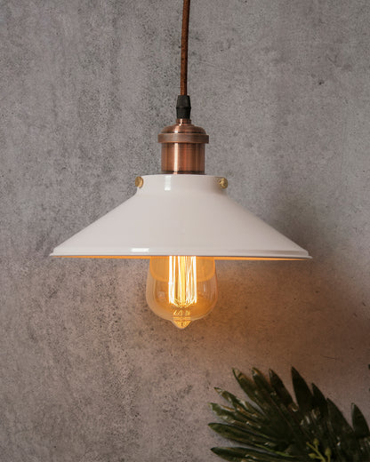 Single White Cone Pendant with Antique Holder, E27, Modern Nordic Hanging Ceiling Light (Bulb Included)