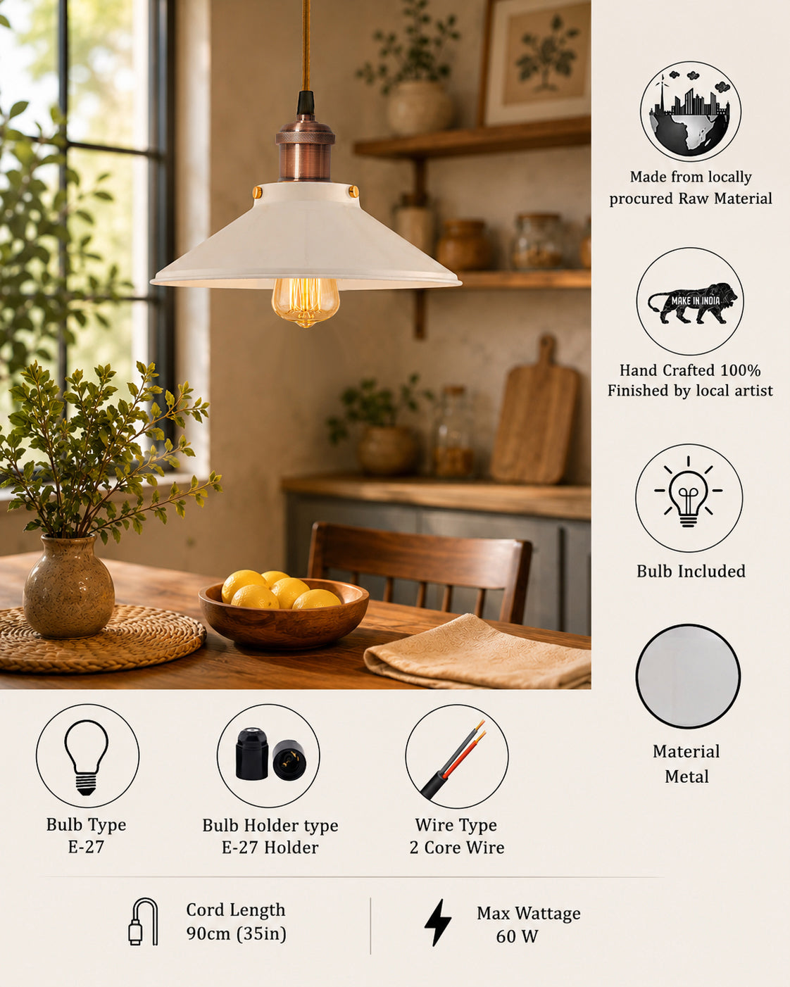 Single White Cone Pendant with Antique Holder, E27, Modern Nordic Hanging Ceiling Light (Bulb Included)