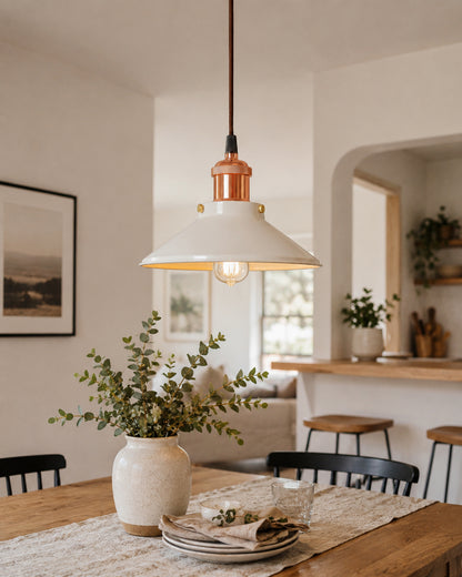 Single White Cone Pendant with Antique Holder, E27, Modern Nordic Hanging Ceiling Light (Bulb Included)