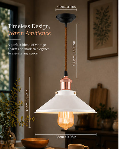 Single White Cone Pendant with Antique Holder, E27, Modern Nordic Hanging Ceiling Light (Bulb Included)