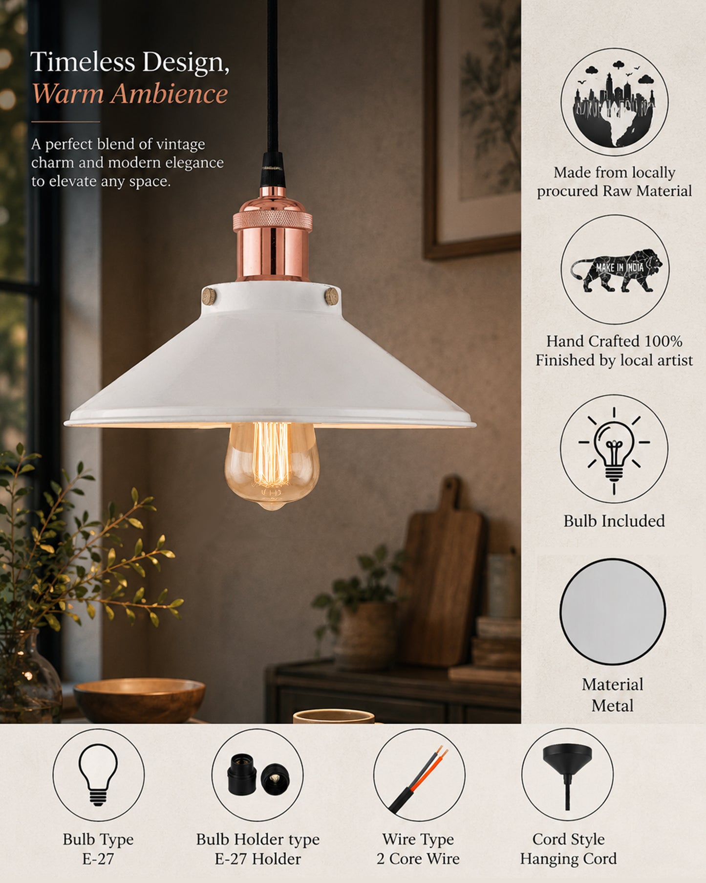 Single White Cone Pendant with Antique Holder, E27, Modern Nordic Hanging Ceiling Light (Bulb Included)