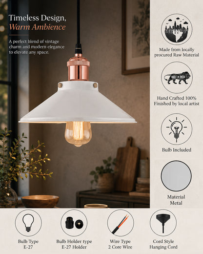Single White Cone Pendant with Antique Holder, E27, Modern Nordic Hanging Ceiling Light (Bulb Included)