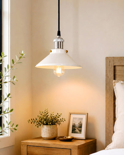 Single White Cone Pendant with Antique Holder, E27, Modern Nordic Hanging Ceiling Light (Bulb Included)