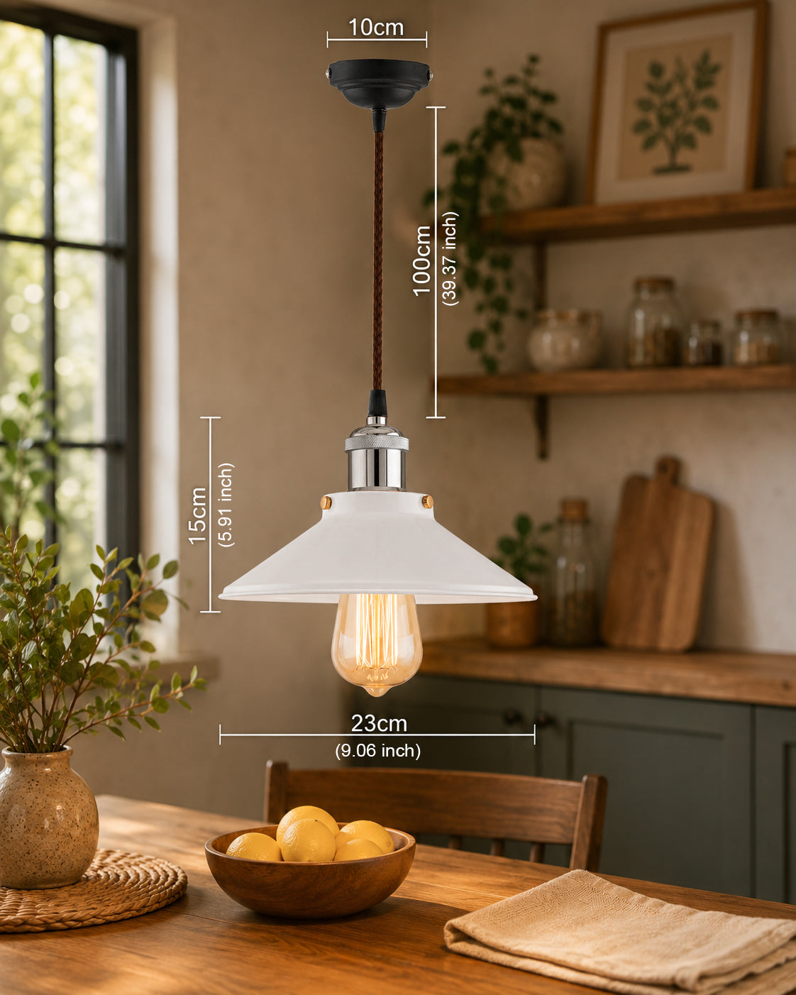 Single White Cone Pendant with Antique Holder, E27, Modern Nordic Hanging Ceiling Light (Bulb Included)