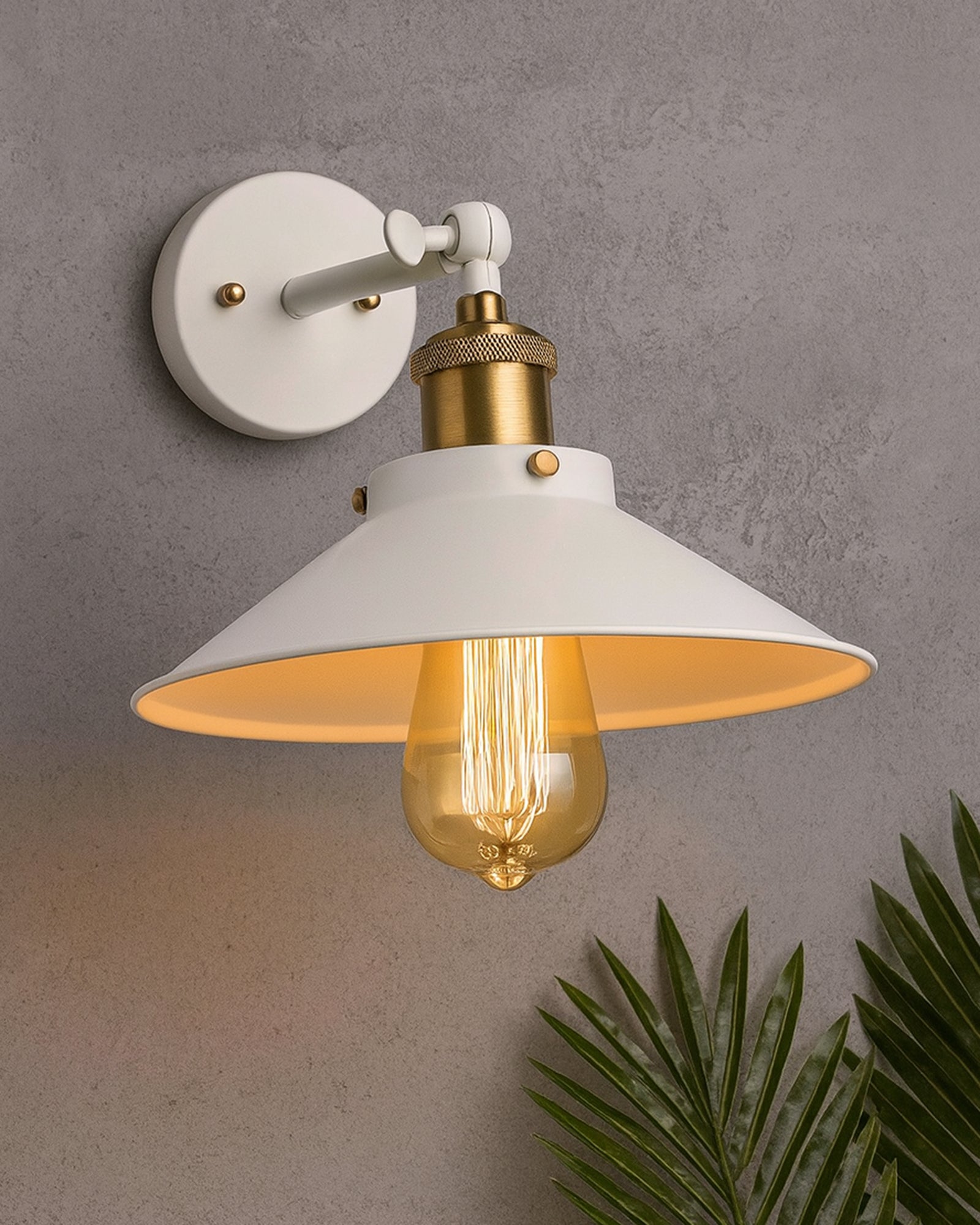 Edison White Cone Shade Wall Lamp, Antique Gold Vintage Industrial Loft,  E27 Holder, Decorative, Swing Wall Light