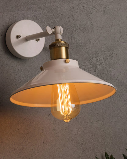Edison White Cone Shade Wall Lamp, Antique Gold Vintage Industrial Loft, E27 Holder, Decorative, Swing Wall Light