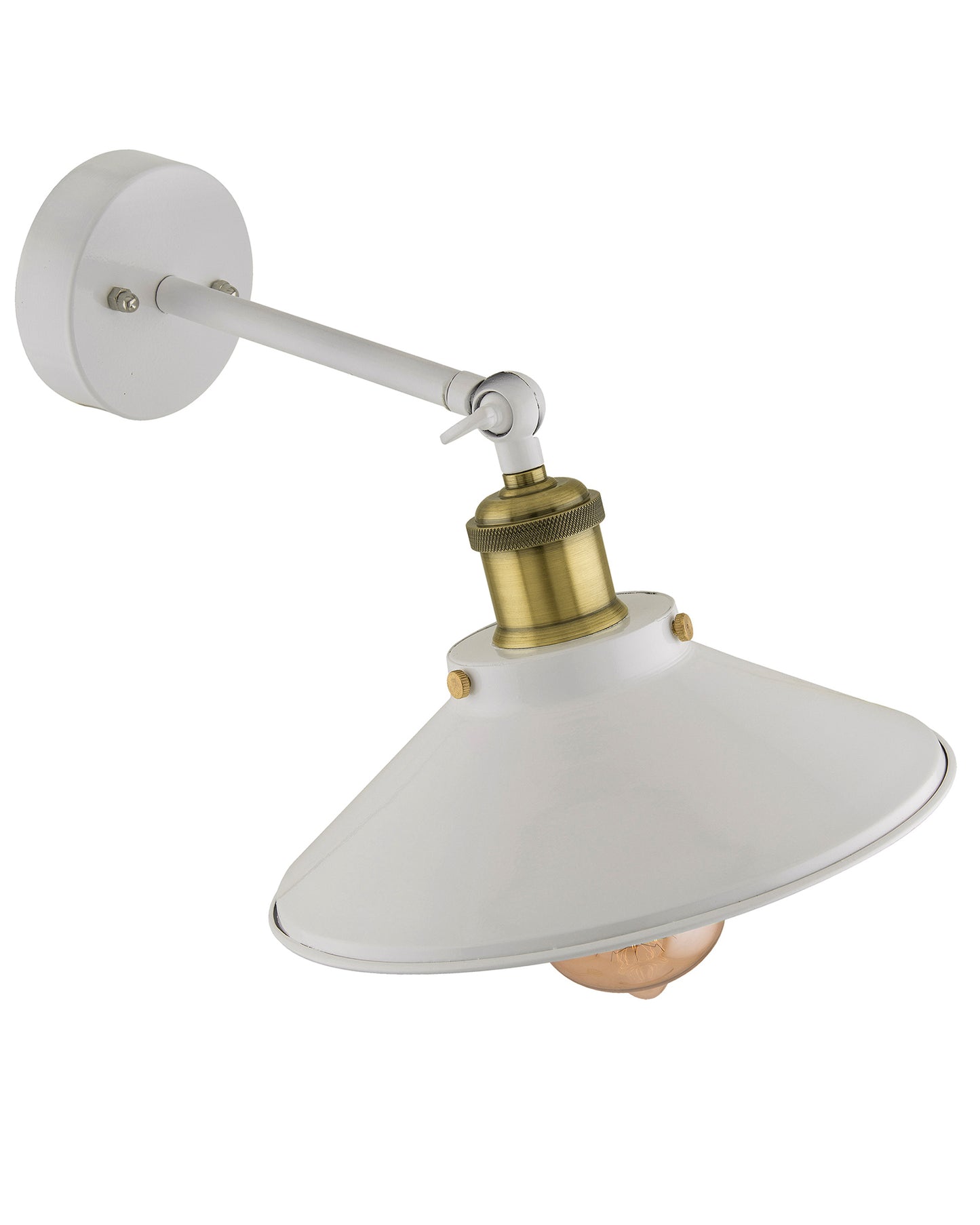 Edison White Cone Shade Wall Lamp, Antique Gold Vintage Industrial Loft, E27 Holder, Decorative, Swing Wall Light