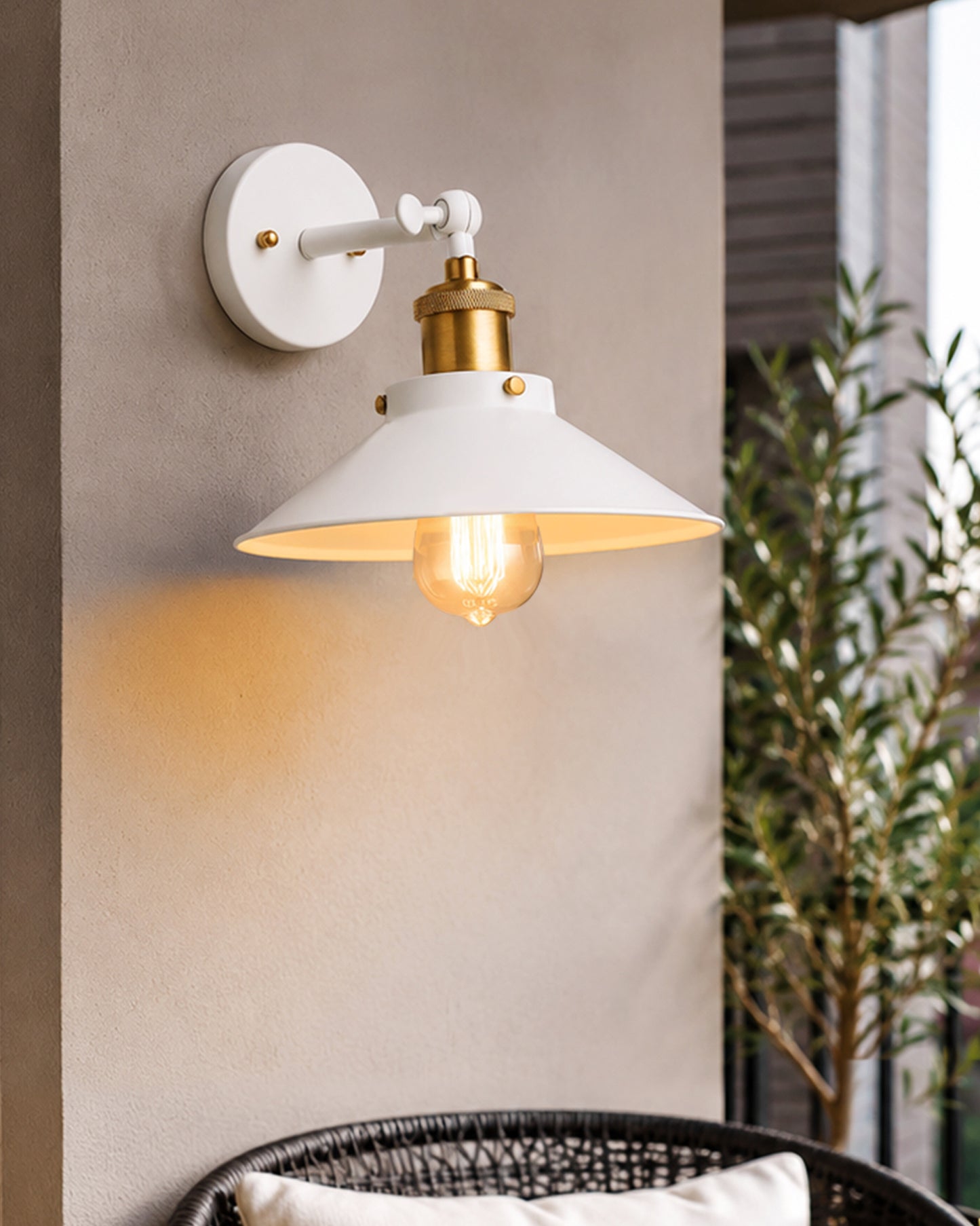 Edison White Cone Shade Wall Lamp, Antique Gold Vintage Industrial Loft, E27 Holder, Decorative, Swing Wall Light