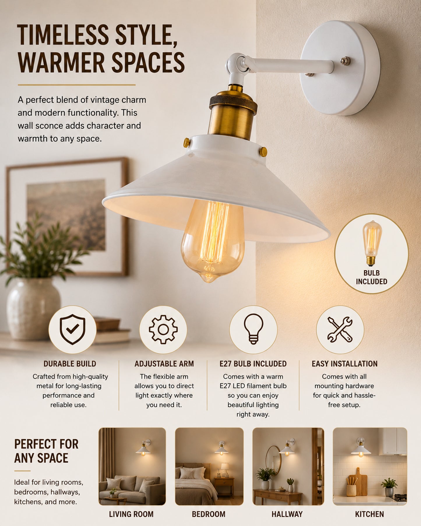 Edison White Cone Shade Wall Lamp, Antique Gold Vintage Industrial Loft, E27 Holder, Decorative, Swing Wall Light