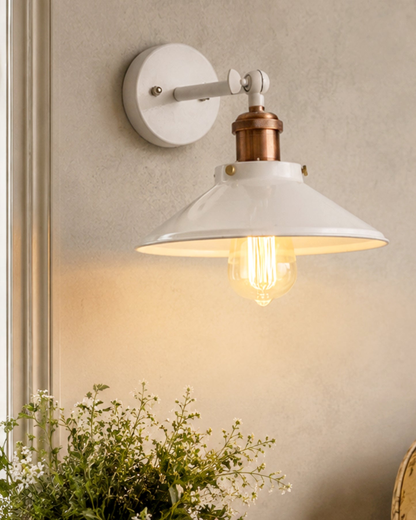 Edison White Cone Shade Wall Lamp, Antique Gold Vintage Industrial Loft, E27 Holder, Decorative, Swing Wall Light