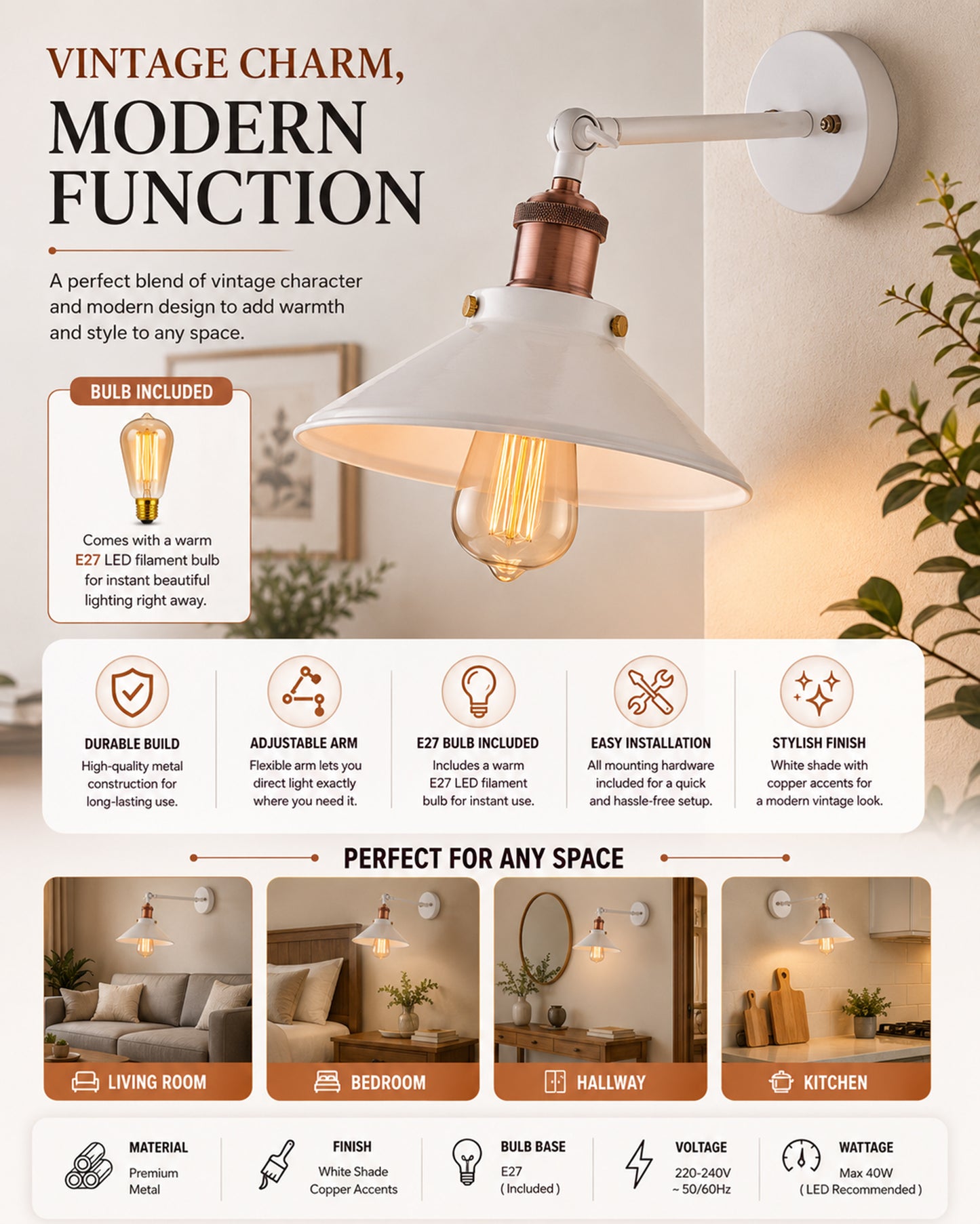 Edison White Cone Shade Wall Lamp, Antique Gold Vintage Industrial Loft, E27 Holder, Decorative, Swing Wall Light