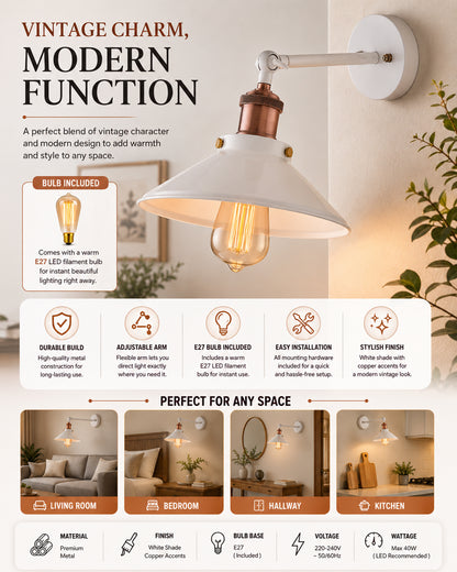 Edison White Cone Shade Wall Lamp, Antique Gold Vintage Industrial Loft, E27 Holder, Decorative, Swing Wall Light