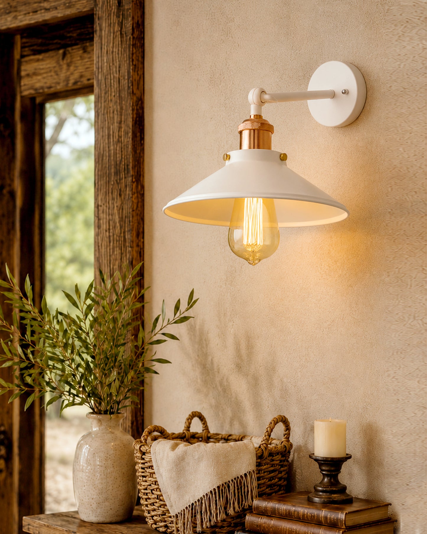Edison White Cone Shade Wall Lamp, Antique Gold Vintage Industrial Loft, E27 Holder, Decorative, Swing Wall Light