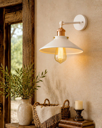 Edison White Cone Shade Wall Lamp, Antique Gold Vintage Industrial Loft, E27 Holder, Decorative, Swing Wall Light
