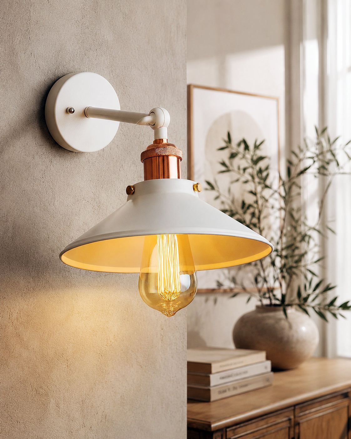 Edison White Cone Shade Wall Lamp, Antique Gold Vintage Industrial Loft, E27 Holder, Decorative, Swing Wall Light