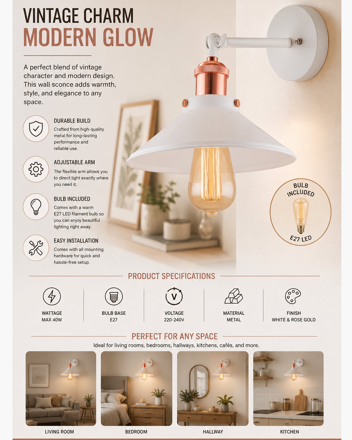 Edison White Cone Shade Wall Lamp, Antique Gold Vintage Industrial Loft, E27 Holder, Decorative, Swing Wall Light