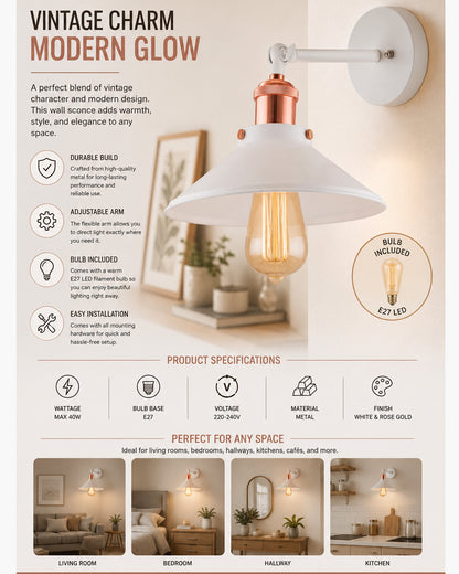 Edison White Cone Shade Wall Lamp, Antique Gold Vintage Industrial Loft, E27 Holder, Decorative, Swing Wall Light