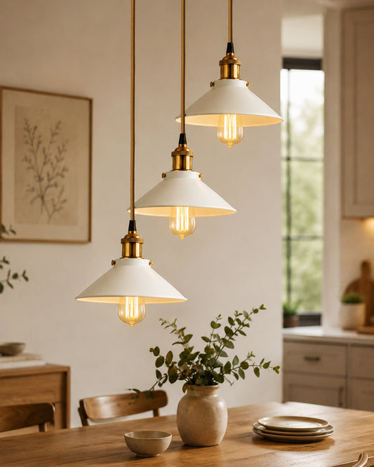 3-Lights Round White Cone Shade Cluster Chandelier Hanging Light, Decorative, Black, Kitchen Area and Dining Room Light, LED/Filament Light