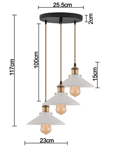 3-Lights Round White Cone Shade Cluster Chandelier Hanging Light, Decorative, Black, Kitchen Area and Dining Room Light, LED/Filament Light