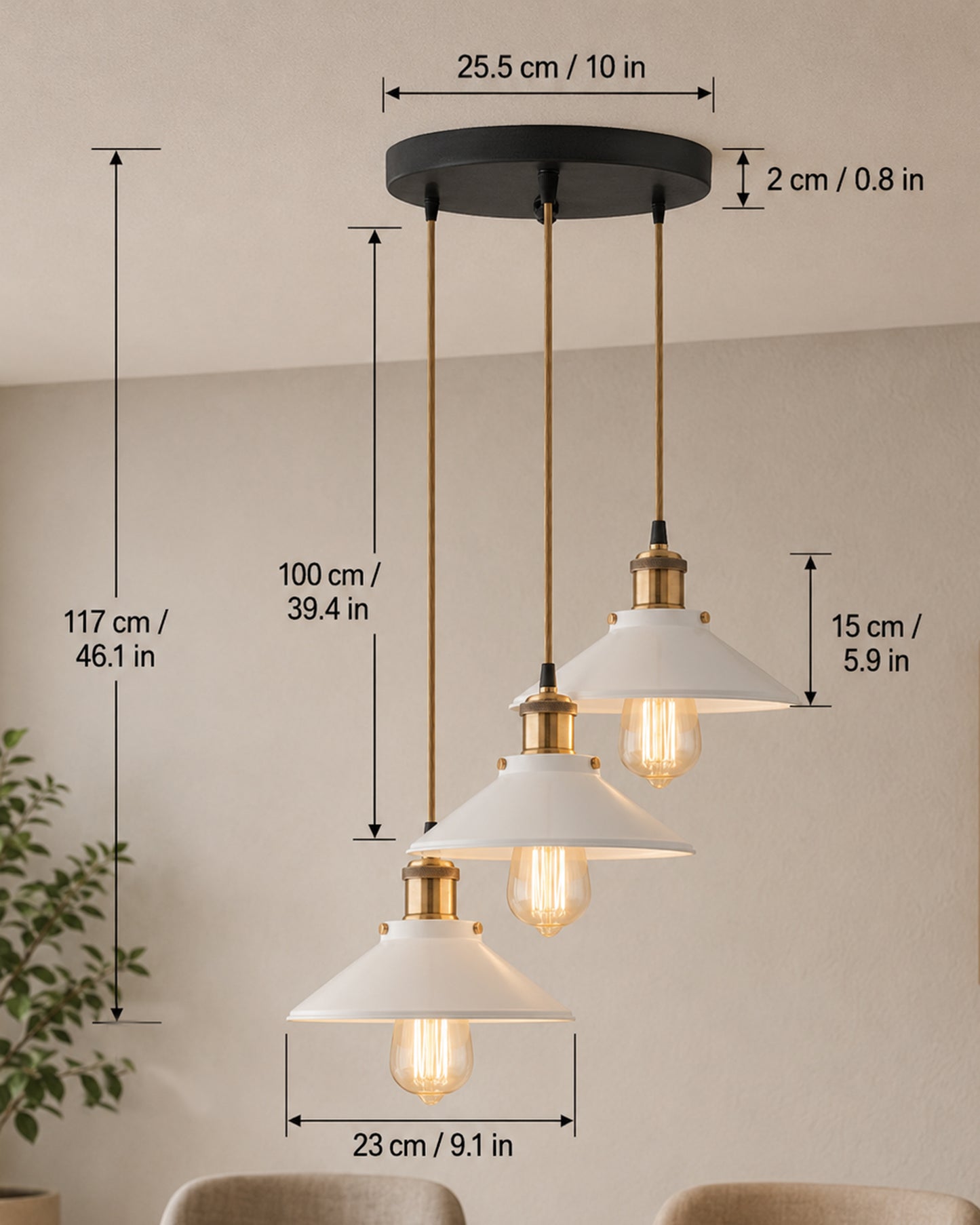 3-Lights Round White Cone Shade Cluster Chandelier Hanging Light, Decorative, Black, Kitchen Area and Dining Room Light, LED/Filament Light