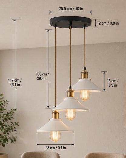 3-Lights Round White Cone Shade Cluster Chandelier Hanging Light, Decorative, Black, Kitchen Area and Dining Room Light, LED/Filament Light